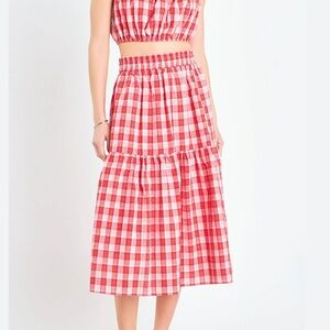 English Factory Red Gingham Tiered Midi Skirt Size XS